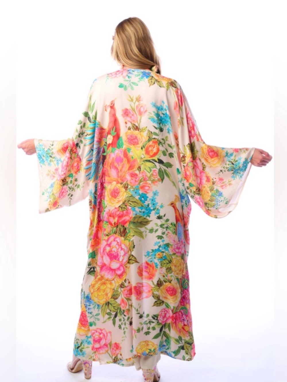 Aratta Silent Journey Floral Maxi Kimono Duster in Cream with Multicolor Blooms